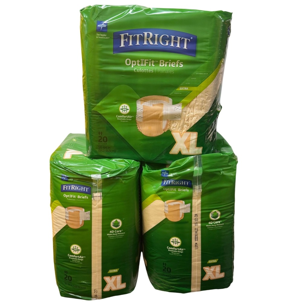 Medline‎ FitRight OptiFit Extra Briefs XL 56-64" 60ct 3 Packs of 20 FITEXTRAXLG